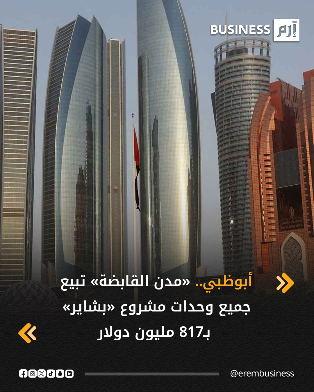 باعت شركة «مدن القابضة» الإماراتية جميع الوحدات السكنية في مشروع «بشاير» بجزيرة «الحديريات» بقيمة 3 مليارات درهم (817 مليون دولار)، وفقاً لإفصاح نُشر على موقع سوق أبوظبي للأوراق المالية اليوم الأربعاء.. أوضحت الشركة إنه تم بيع جميع الوحدات خلال يوم من طرحها الاثنين الماضي، حيث 