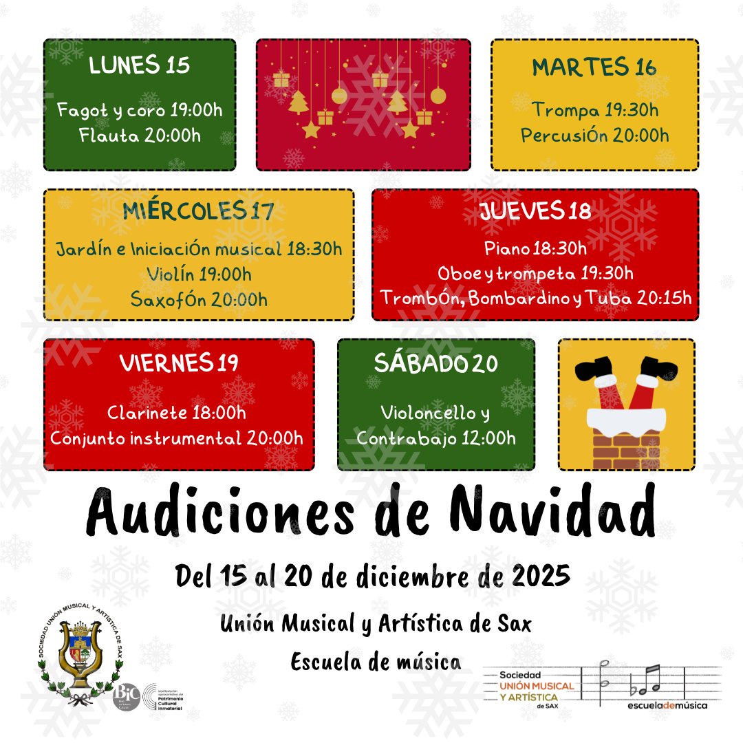 ✨ Un año más llegan nuestras Audiciones de Navidad 

🥁 Entre el 15 y el 20 de diciembre en nuestro local se podrá vislumbrar el gran trabajo de nuestra escuela con nuestro alumnado como protagonista 

🎄Entrada libre. Os esperamos en la Unión Musical para disfrutarde la música