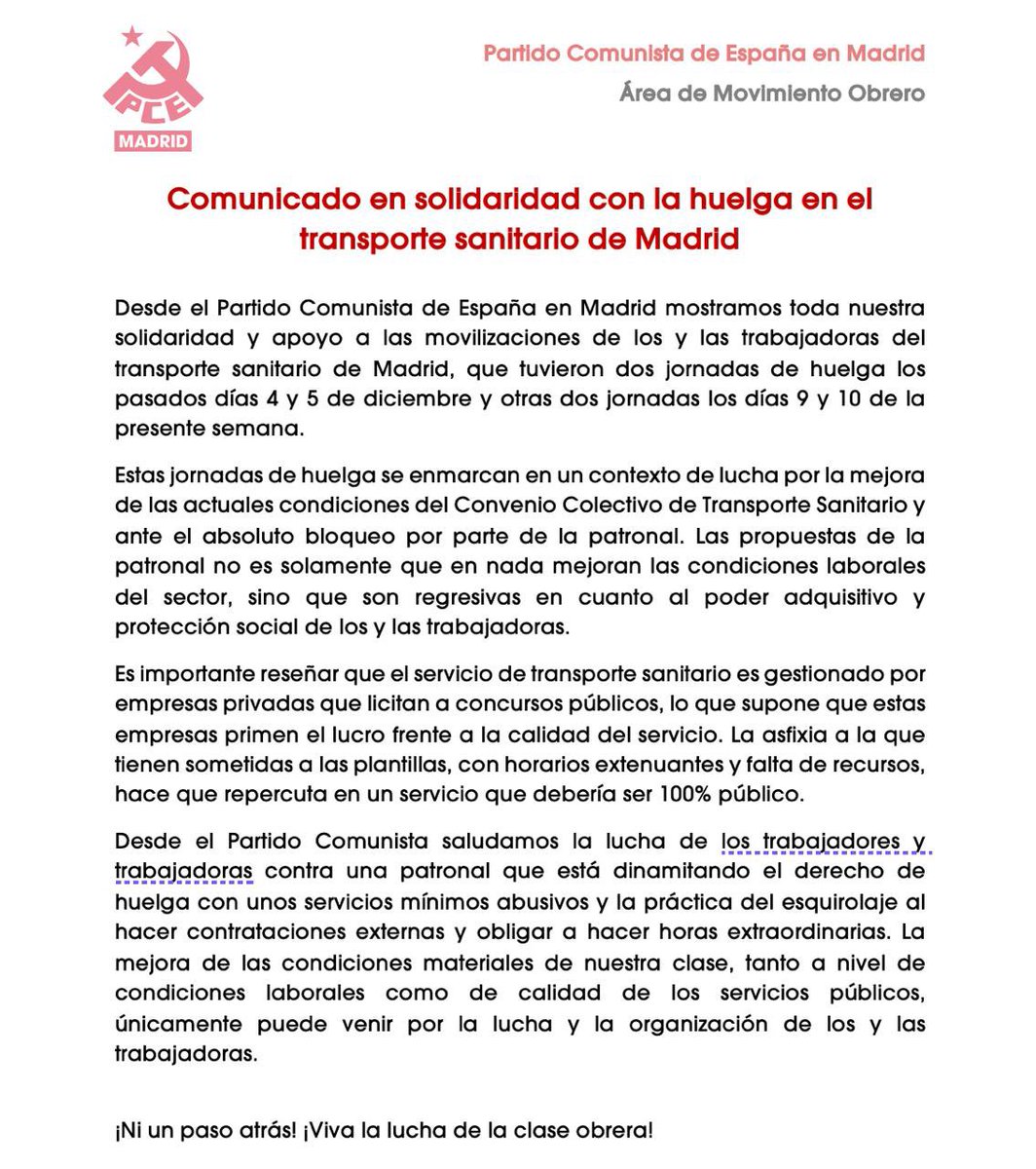 Los y las trabajadoras del transporte sanitario de Madrid está en huelga y desde el Partido Comunista mostramos todo nuestro apoyo.

¡Ni un paso atrás en la lucha por conseguir mejores condiciones laborales! ✊🏻🔥