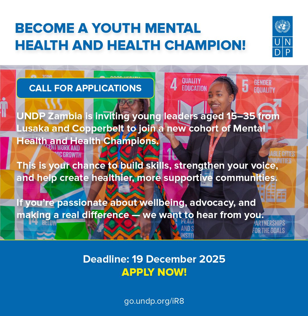 Passionate about mental health + health? 

The #Health4Life project is looking for young leaders (15–35) in Lusaka + Copperbelt to become Mental Health + Health Champions🧠💚

Mentor peers, raise awareness &amp; build healthier communities.

📆19/12/2025
🔗go.undp.org/iR8