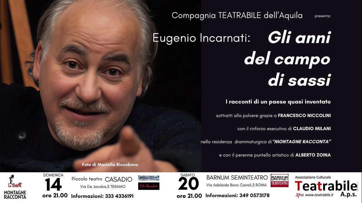 teatrabile's tweet photo. “Tornano le repliche di IL CAMPO DI SASSI
14 ▶️ Teramo
20 ▶️ Roma Garbatella
#IlMioPaese #TeatroItaliano #LiveShow #Roma #Teramo” https://t.co/n1TNwzDLSK