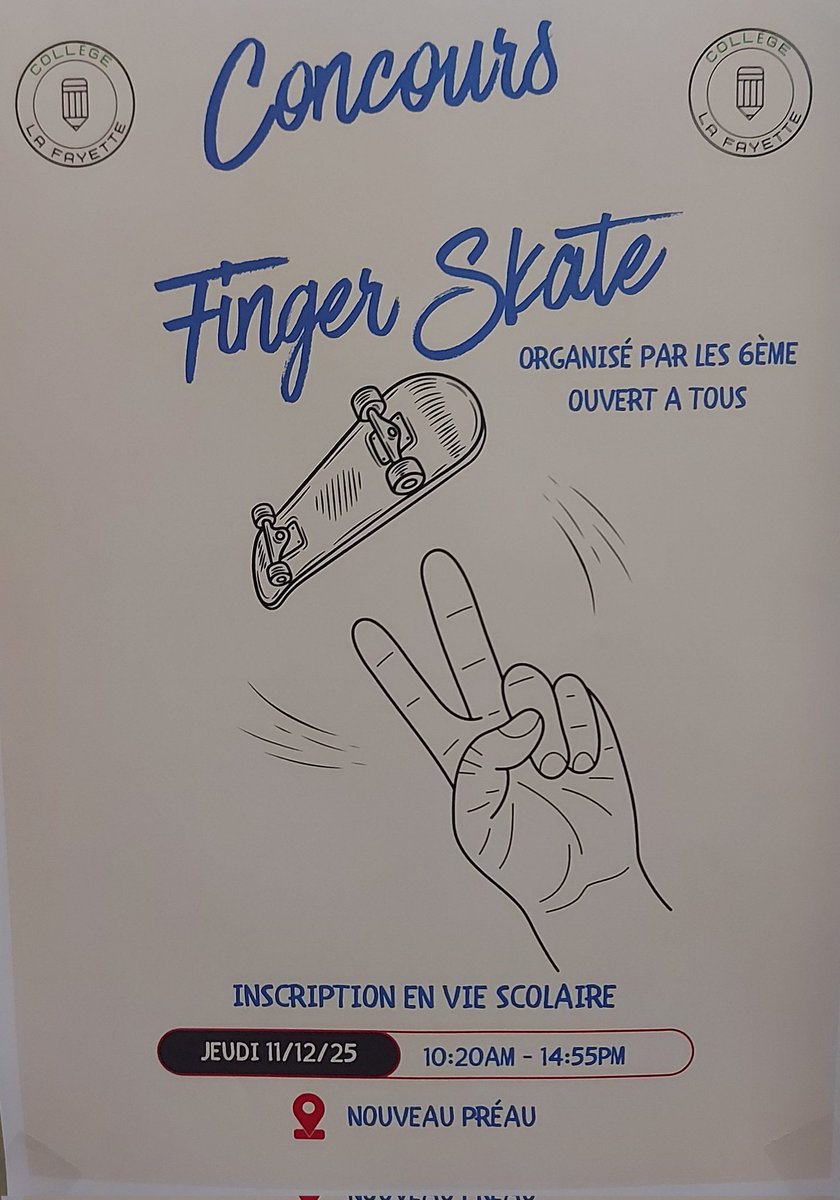 Jeudi 11/12/2025 au collège <a href="/LaFayette036/">Collège La Fayette - Châteauroux</a> les #6ème organisent le 1er concours de #fingerskate ! 
<a href="/Chateauroux36/">Châteauroux Métropole</a> 
<a href="/ac_orleanstours/">Académie d'Orléans-Tours</a>