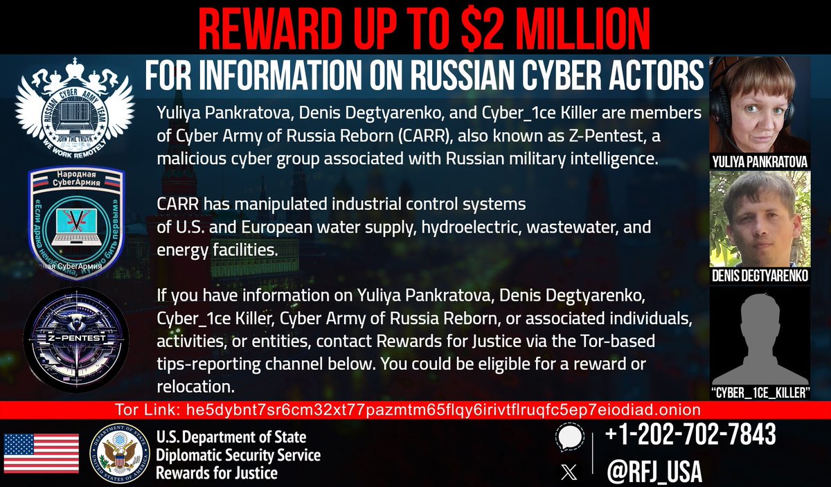 lukOlejnik's tweet image. USA is prosecuting Russian state supported cyber operations of CyberArmyofRussia (CARR) and NoName057(16), tightening accountability for cyberattacks on critical infrastructure.  $2 million for information leading to the identification or location of CARR (GRU).…