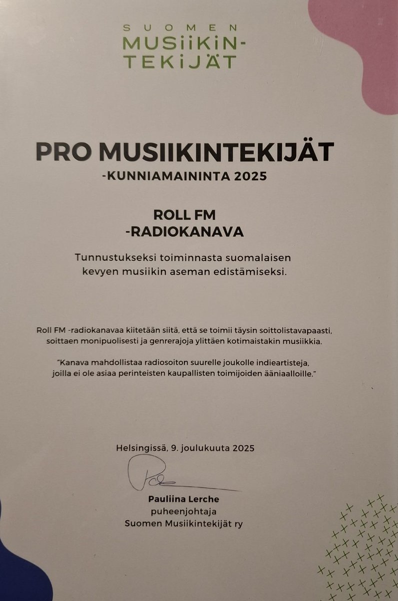 "Suuri kiitos Suomen Musiikintekijöille tästä arvokkaasta kunniamaininnasta – olemme aidosti liikuttuneita. Roll FM on 10 vuoden ajan ollut olemassa vain yhden asian takia: musiikin, ja siksi tämä tunnustus suoraan tekijöiltä itseltään tuntuu kaikkein tärkeimmältä.