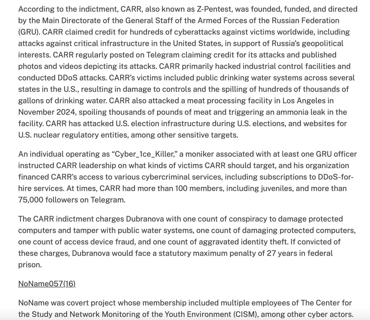 lukOlejnik's tweet image. USA is prosecuting Russian state supported cyber operations of CyberArmyofRussia (CARR) and NoName057(16), tightening accountability for cyberattacks on critical infrastructure.  $2 million for information leading to the identification or location of CARR (GRU).…