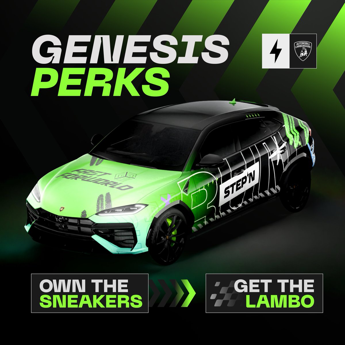 Stepnofficial's tweet image. If you get a STEPN x @Lamborghini Genesis Sneaker, you’re literally getting a Lambo! 🏎️

All Genesis holders will receive a digital STEPN x Automobili Lamborghini Urus SE built for Fast ForWorld, Lamborghini’s ecosystem for digital engagement

With this co-branded digital