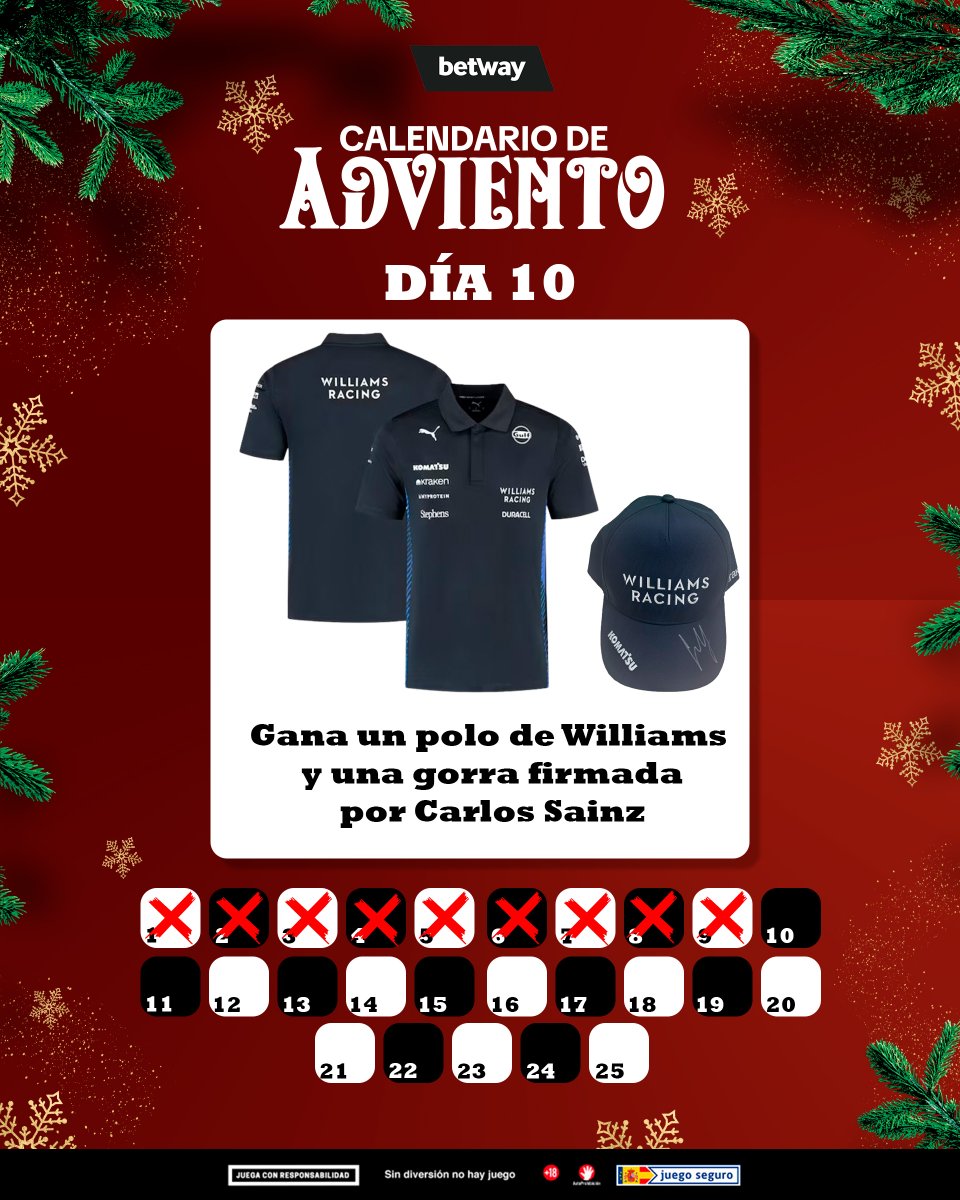 𝐃𝐈́𝐀 𝟏𝟎 𝐂𝐀𝐋𝐄𝐍𝐃𝐀𝐑𝐈𝐎 𝐃𝐄 𝐀𝐃𝐕𝐈𝐄𝐍𝐓𝐎🎁 

Carlos Sainz ha cosechado dos podios en esta temporada y era algo que a principio de año era impensable. Celebramos el gran año del piloto español sorteando un polo de Williams y una gorra firmada por él.

¿𝐐𝐮𝐞́