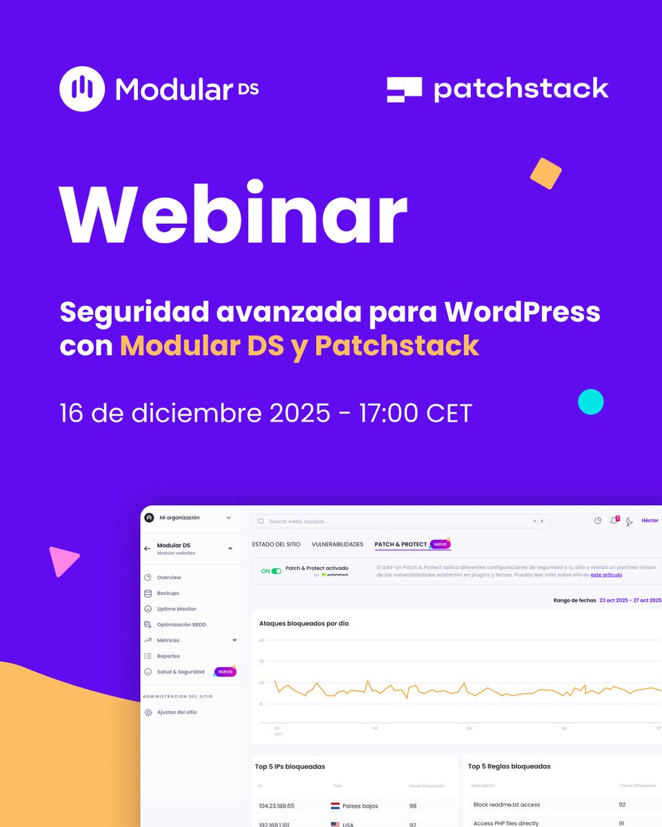 ModularDS's tweet image. Si te dedicas al mantenimiento de webs de WordPress, sabes que la seguridad no es opcional. Es una parte esencial del servicio que ofreces a tus clientes.

Por eso, este webinar con @patchstackapp está pensado para ti 💜

📅 16 de diciembre a las 17:00 CET
🎟️ Online y gratuito