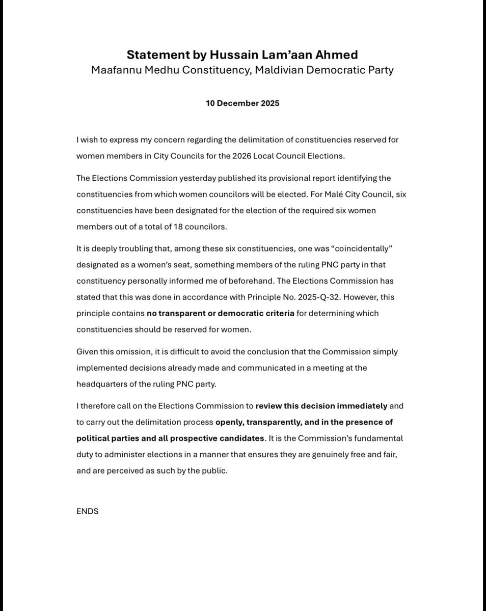I wish to express my concern regarding the delimitation of constituencies reserved for women members in City Councils for the 2026 Local Council Elections. 

The Elections Commission yesterday published its provisional report identifying the constituencies from which women
