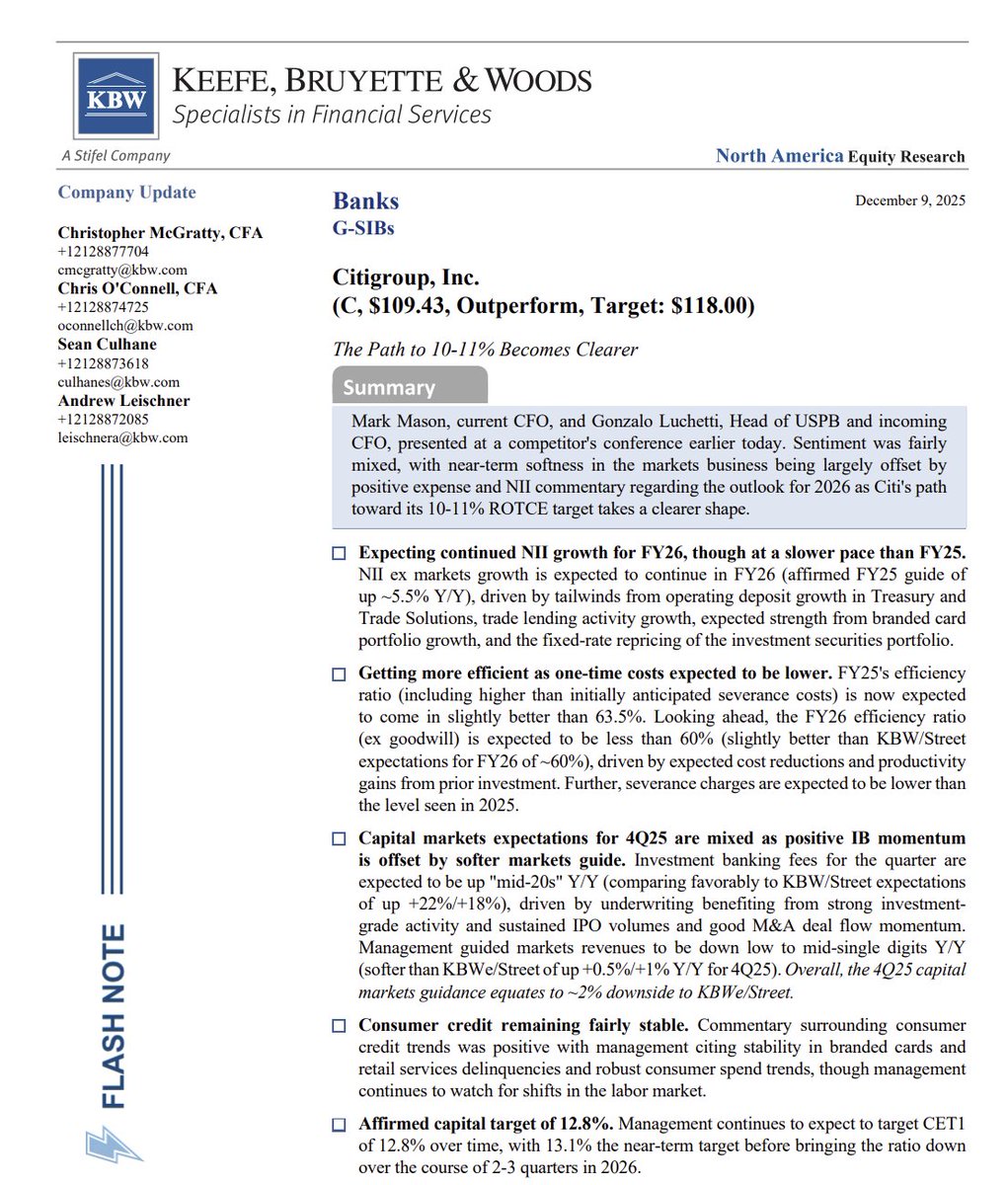 $C Citigroup - The Path to 10-11% Becomes Clearer

Summary: Mark Mason, current CFO, and Gonzalo Luchetti, Head of USPB and incoming CFO, presented at a competitor's conference earlier today. Sentiment was fairly mixed, with near-term softness in the markets business being