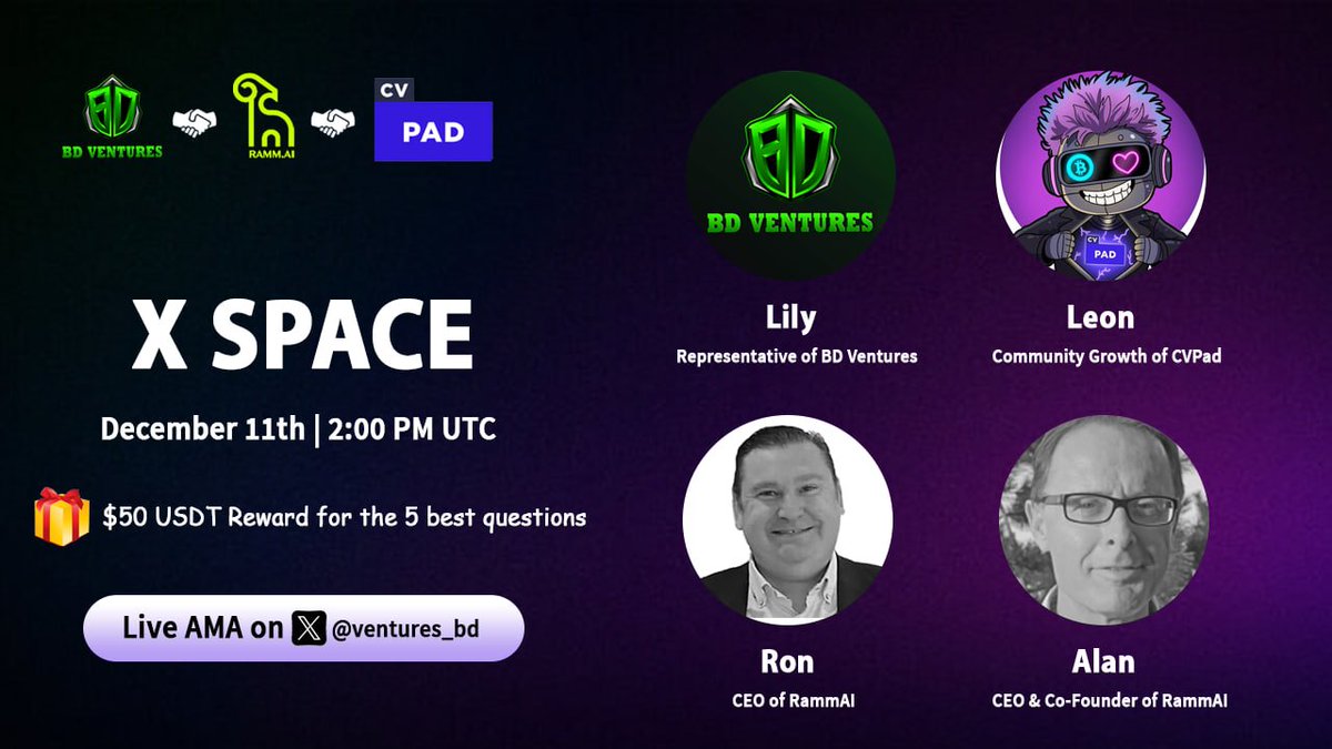 ventures_bd's tweet photo. 💥💥BD Ventures x RammAI: How AI and Web3 Are Redefining the Future of Luxury E-Commerce!

✅#RammAI is an AI-powered Web3 marketplace that transforms luxury, fashion, beauty, and lifestyle products into authenticated and tradable digital assets.

🗓Date: December 11th
⏰Time: 2:00 PM UTC
➡️Location: https://t.co/7IoB5akq5K

🎙Host: Lily, Representative of BD Ventures
🎤Guest: 
🔸Jon, CEO of RammAI
🔸Alan, CEO & Co-Founder of RammAI
🔸Leon, Community Growth of CVPad/Agentlauncher

🎁P/s: Giving away $50 USDT for the 5 best questions - Both under this post and during the AMA session.

⭐️⭐️How to participate:
1️⃣Follow @ventures_bd & @RAMMagentic & @CVPad_io
2️⃣Like, RT and Submit your questions under this post or ask them directly during the live AMA session.

From trading to building to discovering, the crypto world is yours to conquer. Level up now, don’t miss out! 🔥🔥