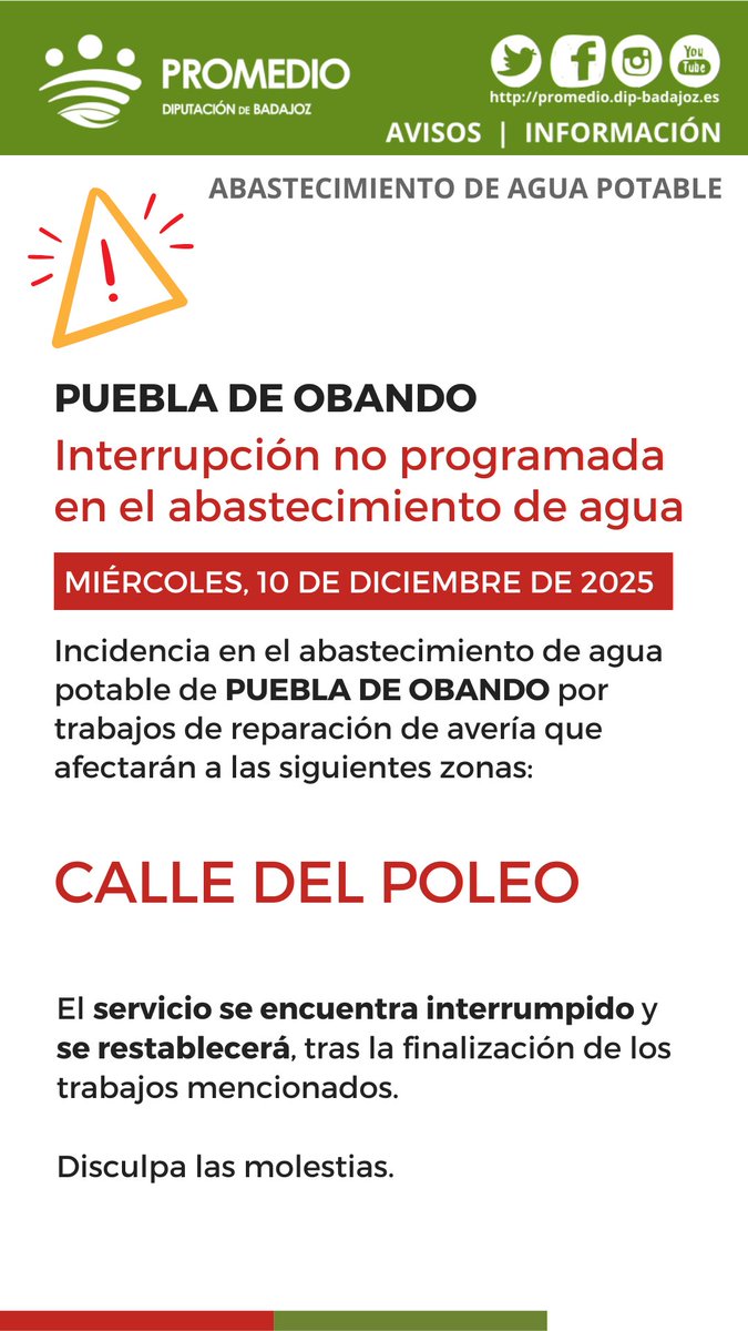 🚧 AVISO > PUEBLA DE OBANDO
🚱Interrupción no programada del abastecimiento de agua por obras de reparación de avería en la acometida general
#ATuServicio
<a href="/AytoPdeObando/">Ayto.PueblaDeObando</a>