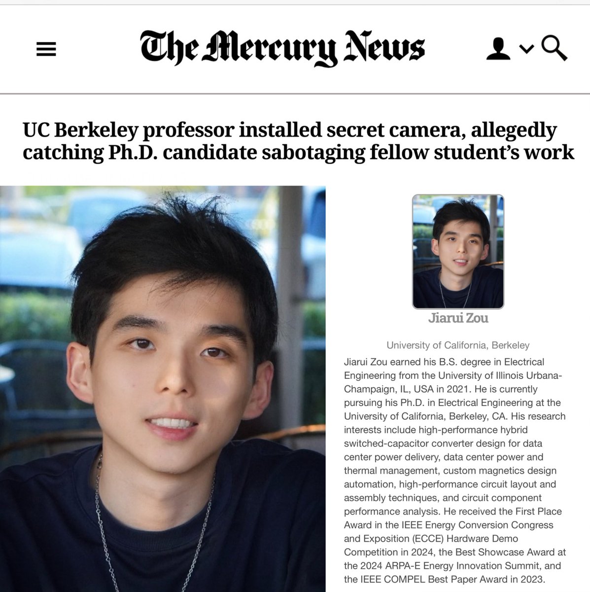 Byron_Wan's tweet image. ‼️ UC Berkeley PhD student Jiarui Zou has been arrested and charged with 3 felony counts of vandalism ‼️

A UC Berkeley professor smelled a rat — over the years there had been $46,855 in damage from computers that failed, and nearly all of it seemed to affect one particular PhD…