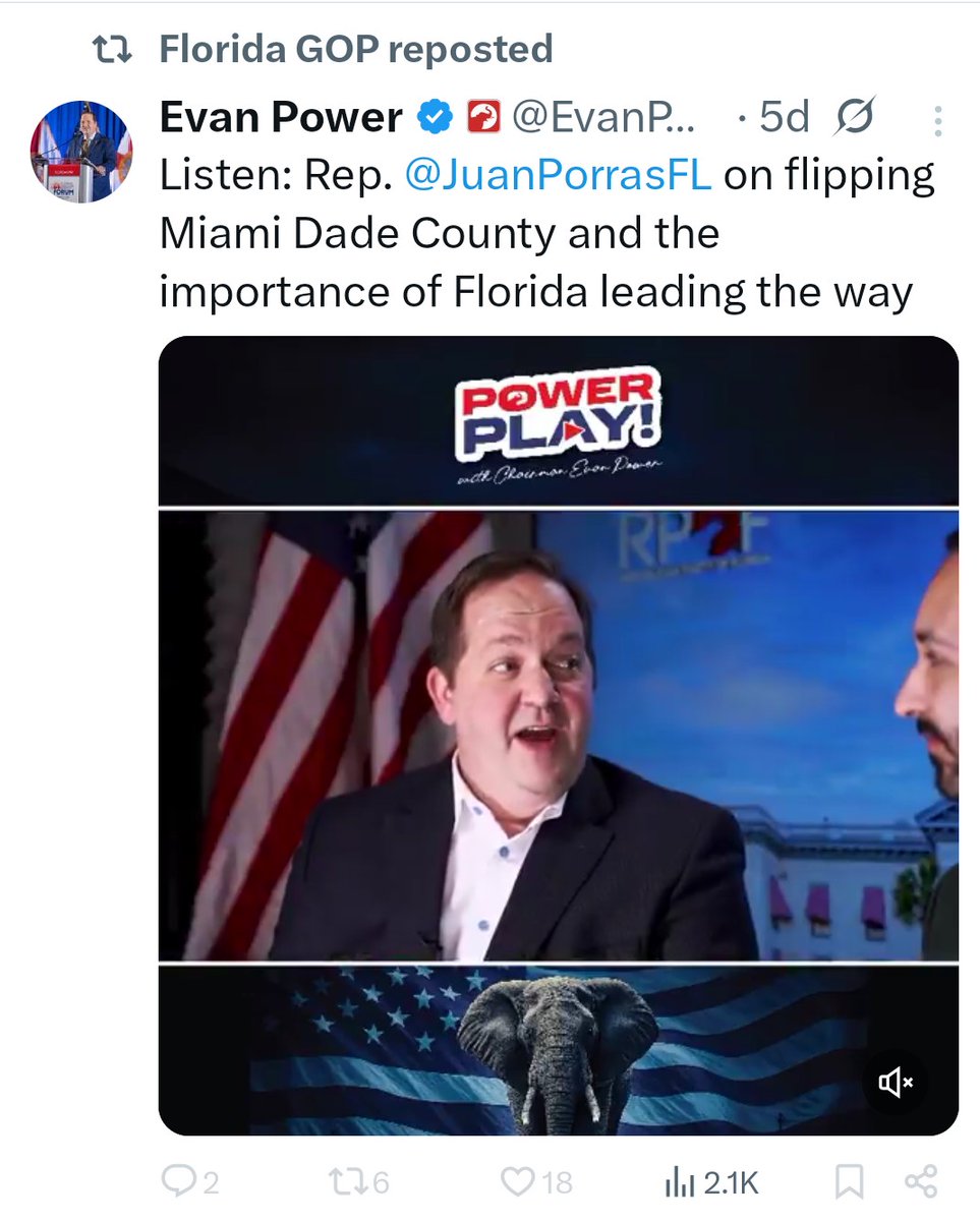 Here is the FLGOP Chairman, Evan Power, with RINO legislator, Juan Porras, 5 days ago bragging about how the FLGOP flipped Miami red. Yet, today, the Democrat beat the Republican in the city of Miami mayoral race. Evan thinks that voter registration equals voter turnout. He just