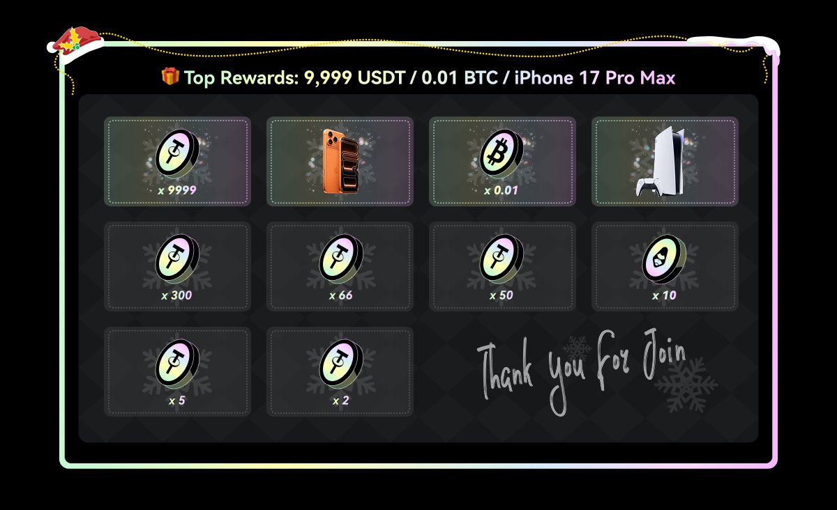 the <a href="/OfficialApeXdex/">ApeX Protocol</a> christmas wheel is live until the end of the month. If you haven’t spun it yet, you’re leaving rewards on the table.

Main prizes

-9999 USDT
-iPhone 17 Pro Max
-0.01 BTC
-PS5
-Plus smaller cash rewards and bonuses.

How to earn tickets

-Deposit 100 USDT for