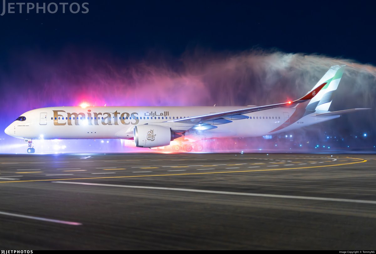 An Emirates A350 receiving a water salute in Adelaide. jetphotos.com/photo/11926196 © TommyNG