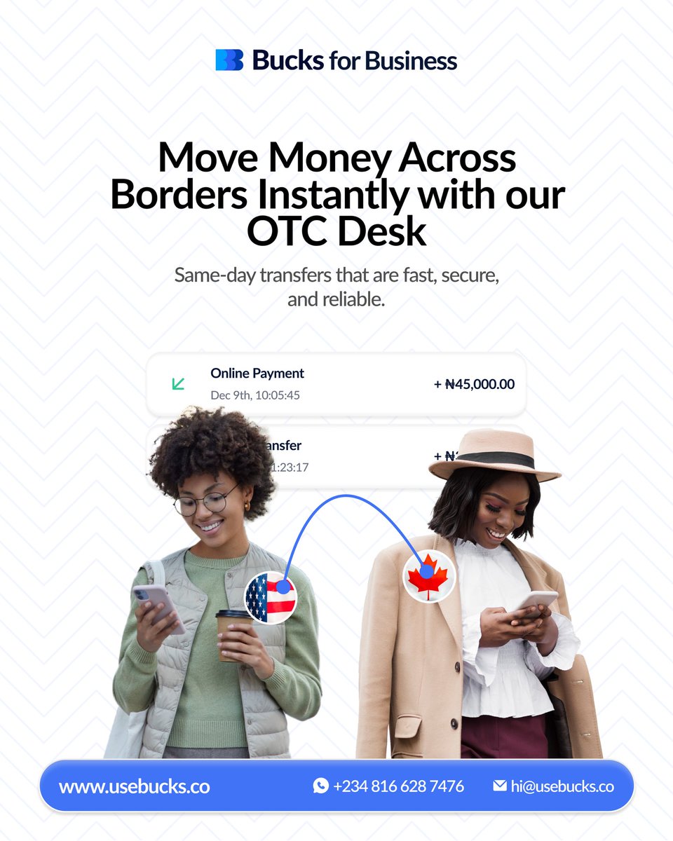 usebucks's tweet photo. Need to move money internationally without the long wait?

Bucks OTC Desk offers same-day global transfers that are fast, seamless, and secure.

Reach us on WhatsApp at +234 816 628 7476 or visit https://t.co/yF30jZdKi2 to get started. https://t.co/O72ztbijna