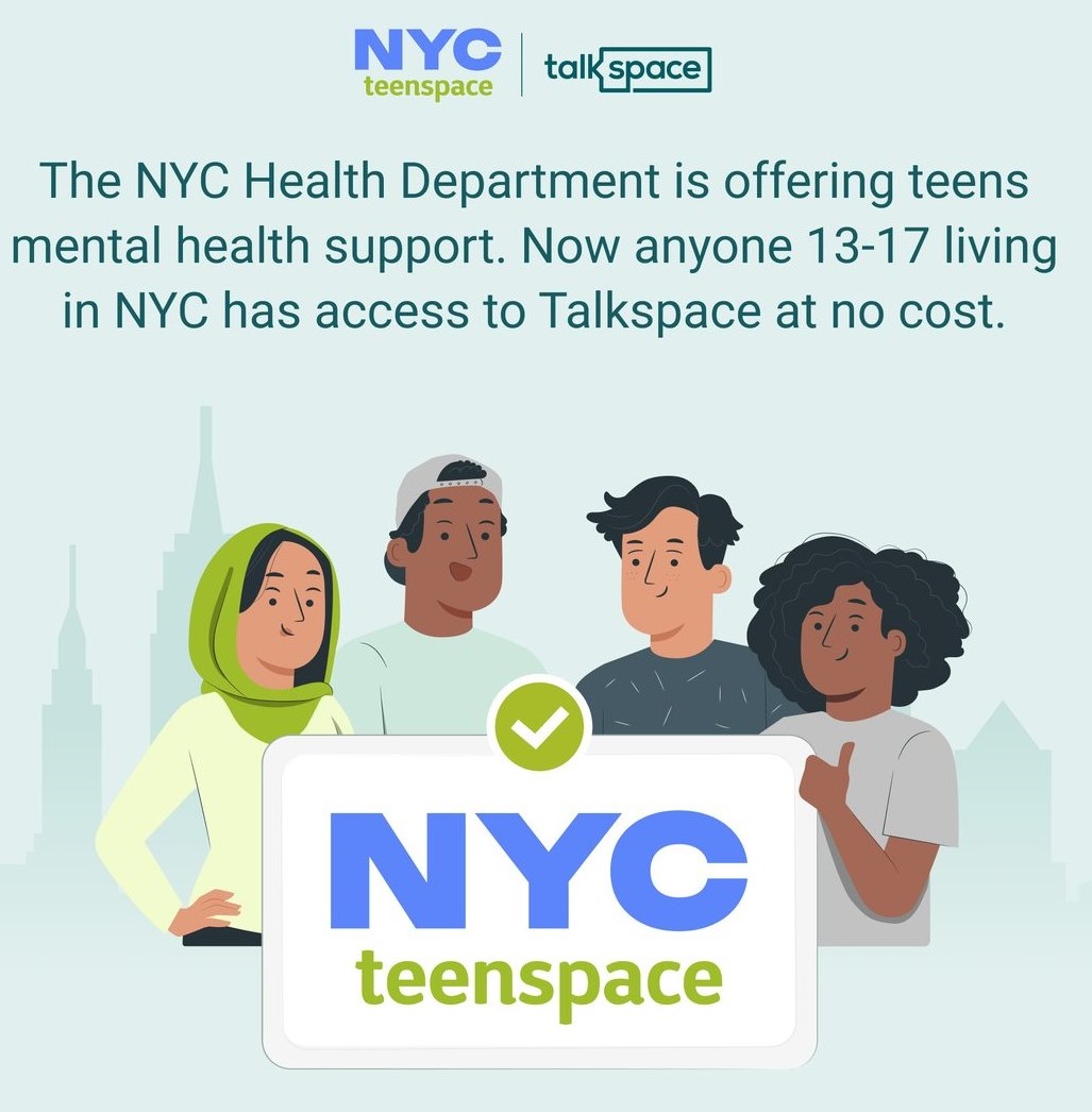 NYPD62Pct's tweet photo. NYC Teenspace, powered by Talkspace, offers free virtual therapy for NYC teens (ages 13–17) with licensed therapists.  Teens can sign up independently and discuss daily thoughts or feelings.  Please visit https://t.co/grgLd94hyZ or https://t.co/Kftu4PcymL https://t.co/b6QRJPrFI2