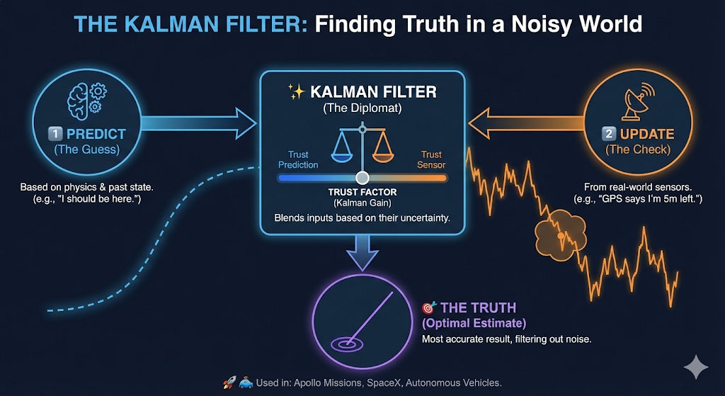 TechBinary99's tweet image. Ever wonder how your GPS doesn’t jitter wildly or how rockets land upright? 🚀

Meet the Kalman Filter: The unsung hero of modern engineering.

The Problem:
Sensors (like GPS or accelerometers) are noisy and inaccurate.
Physics models (math predictions) are perfect on paper but…