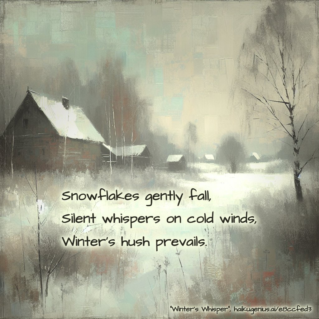 Snowflakes gently fall,
Silent whispers on cold winds,
Winter's hush prevails.
"Winter's Whisper", haikugenius.ai/e8ccfed3

✨ Create your own beautiful haiku with stunning generative art—free and no signup needed! Try it now: haikugenius.ai

#WintersWhisper #haiku