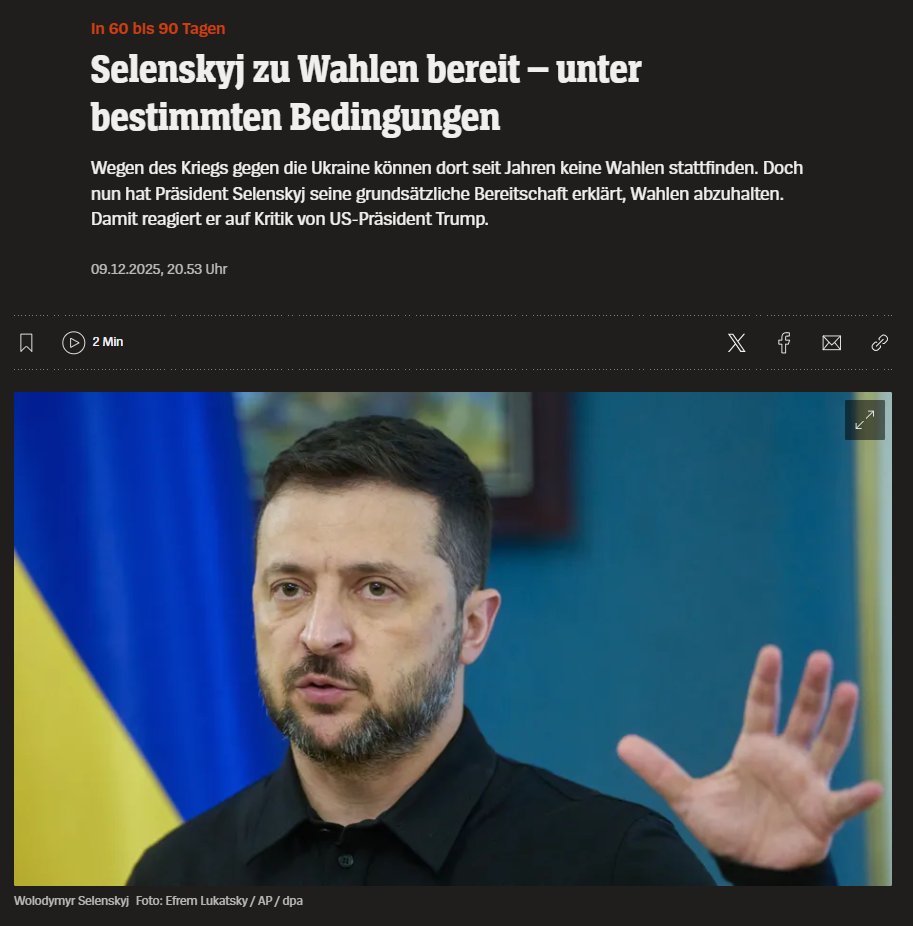 Ha! Und noch ein Konter! 
Hat Selenskyj seinen Strategie-Chef ausgewechselt? 

Trump, der Mann, der meinte: "Ihr braucht nur noch einmal wählen" und von 3. Amtszeit faselt, meint, die Ukraine bräuchte dringend Neuwahlen, sie sei ja gar nicht mehr demokratisch. 

Was Trump