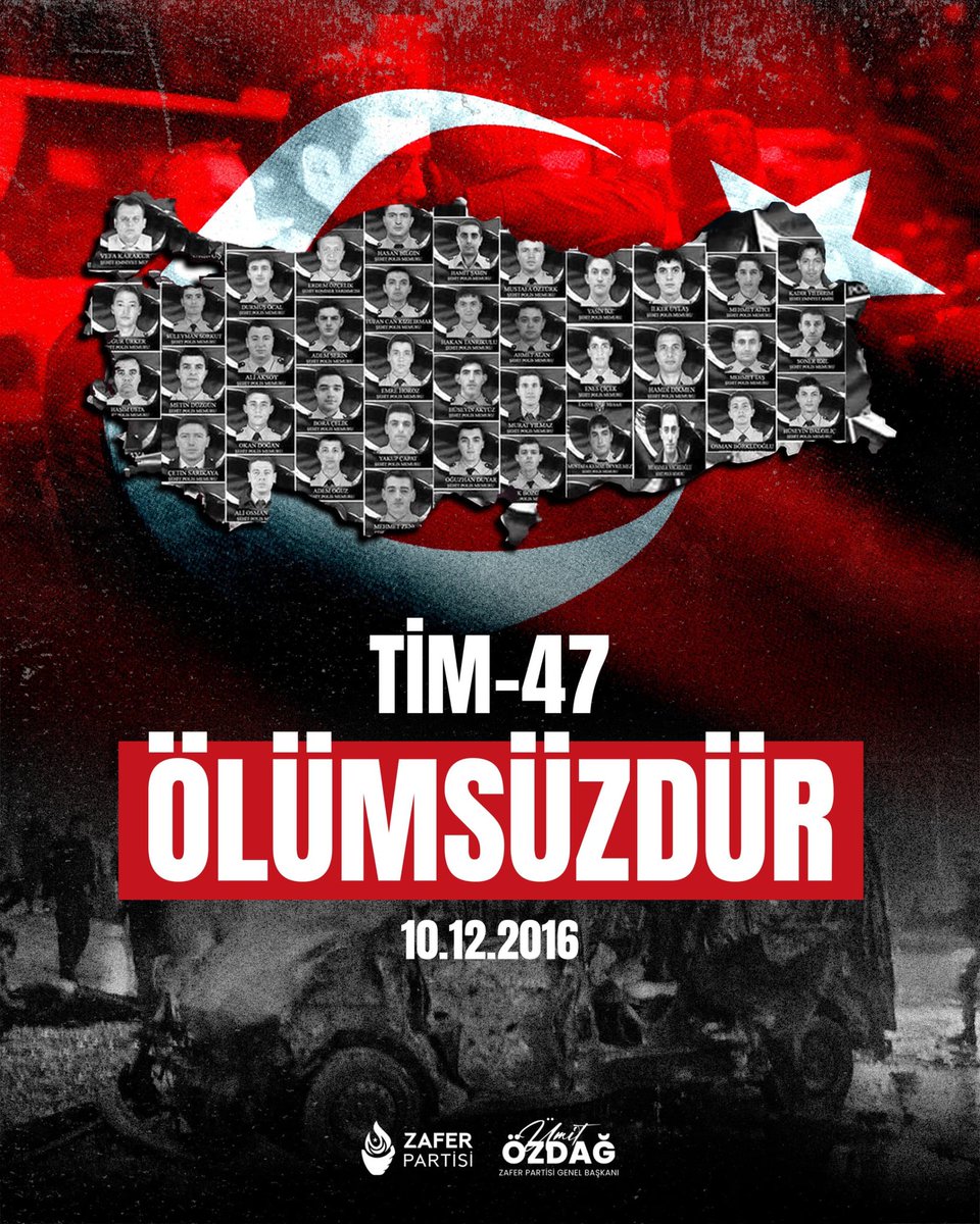 10 Aralık 2016'da Beşiktaş stadı önünde gerçekleşen terör saldırısında, şehit olan  kahraman Çevik Kuvvet Polislerini saygı ve rahmetle anıyorum.

#Tim47Ölümsüzdür