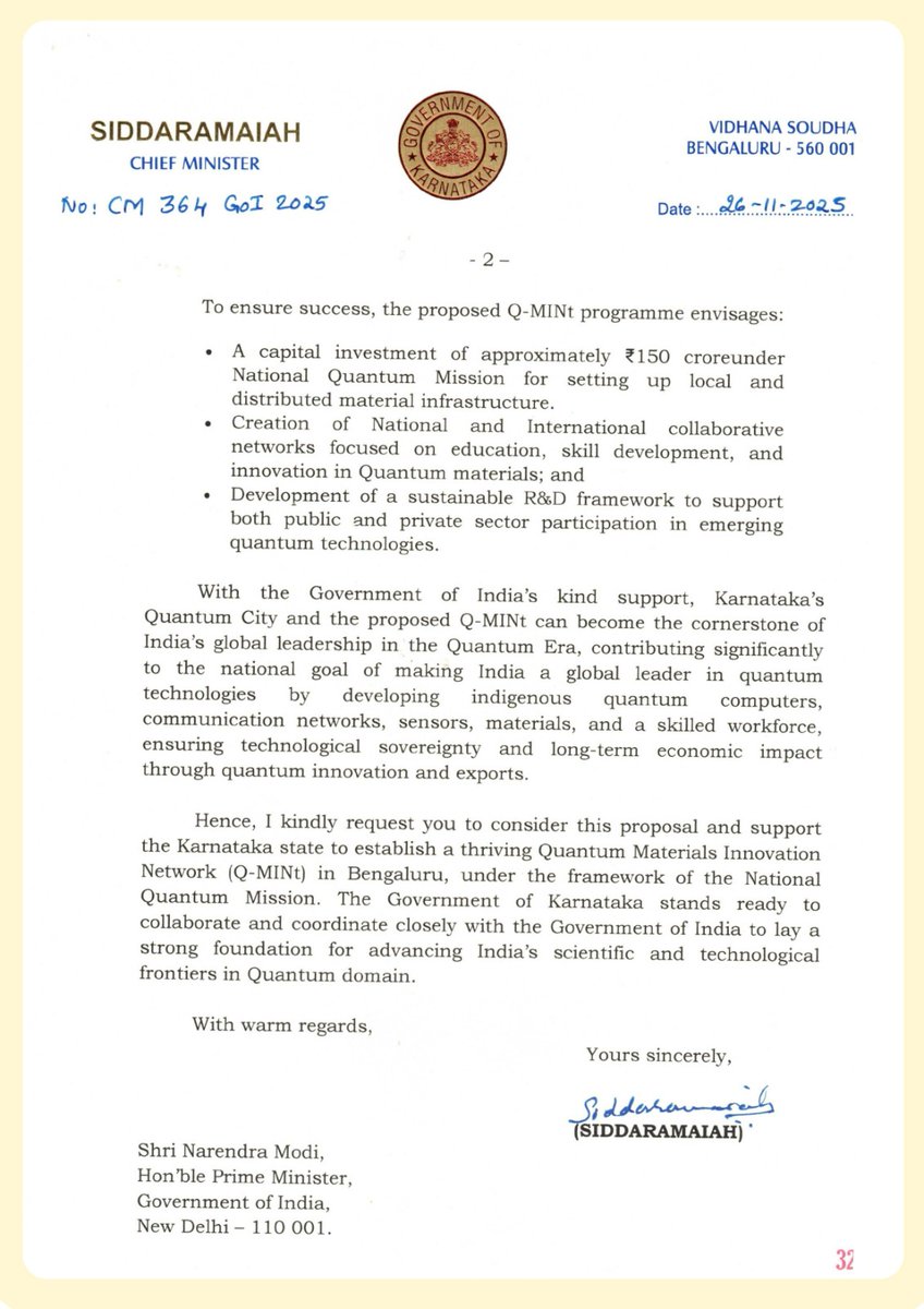 KSTePS__DST's tweet image. 🚀 Karnataka’s Big Quantum Leap! | Q-MINt Initiative

• Karnataka CM writes to PM Modi seeking ₹150 Cr support for the Quantum Materials Innovation Network (Q-MINt).
• A major boost to the State’s Quantum City vision.
1/3