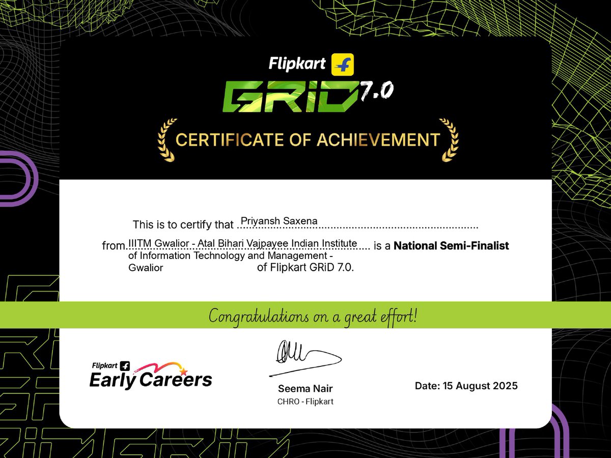 _priyena's tweet image. Big news to share!
Thrilled to be a National Semi Finalist at Flipkart GRiD 7.0 
It has been an incredible experience solving real world problems and pushing my limits.
#FlipkartGRID #MachineLearning #CompetitiveProgramming #EngineeringJourney #FlipkartEarlyCareers
