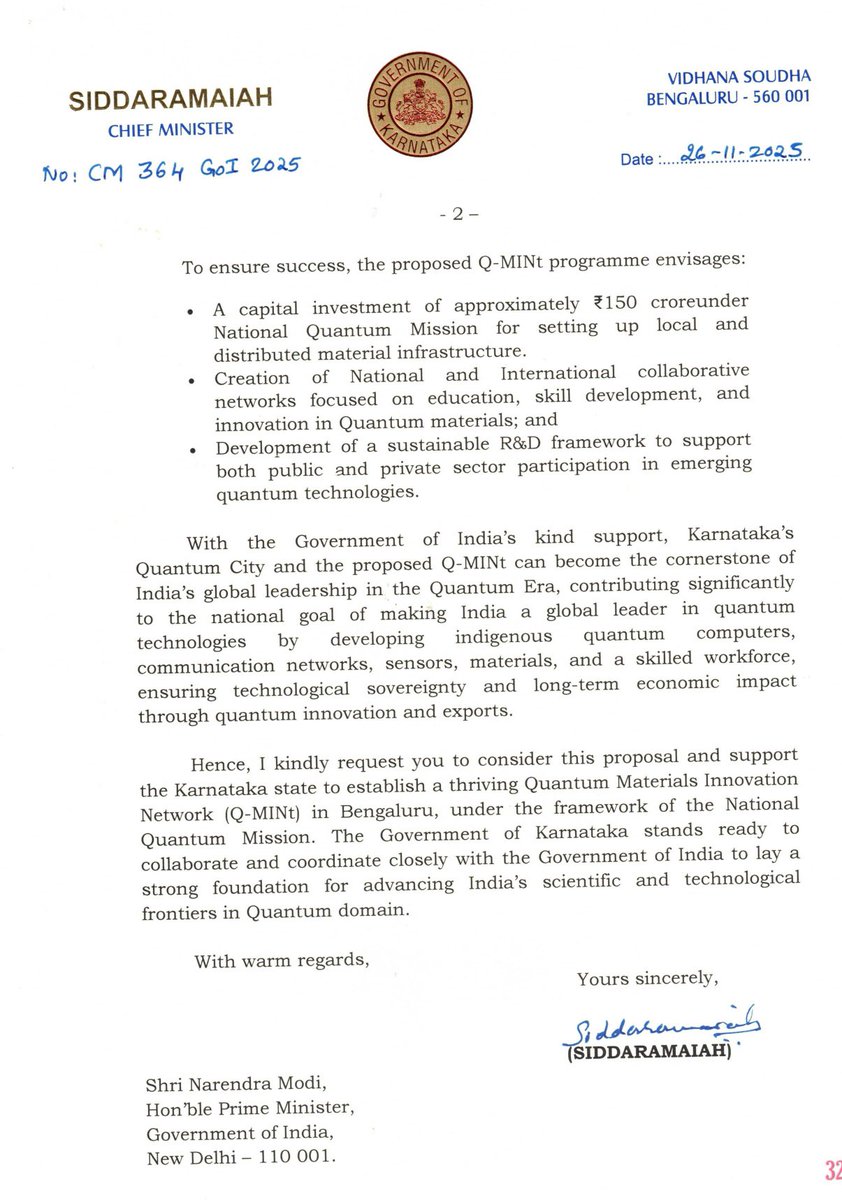 Sudarshn_chakra's tweet image. . @CMofKarnataka
 @siddaramaiah has written to @PMOIndia @narendramodi, seeking ₹150 crore support under the National Quantum Mission for establishing the Quantum Materials Innovation Network (Q-MINt) in Bengaluru — India’s technology capital.