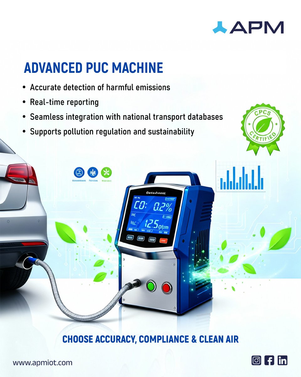 APMGROUP_'s tweet image. ♻️Drive Cleaner. Breathe Better.
Upgrade to APM’s Advanced PUC Machine for accurate emission detection, real-time reporting, and seamless compliance.
Perfect for PUC centres, workshops &amp;amp; service stations.

🌐 apmiot.com
#PUCMachine #EmissionTesting #CleanAir #APM
