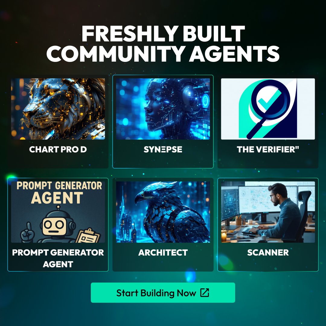 📦 New Community Agents Just Dropped

Our builders keep leveling up — 6 new zero-code agents are now live in the Griffin AI Playground:

🦁 Chart Pro D
🔍 The Verifier
🧠 Synapse
🤖 Prompt Generator Agent
🏛 Architect
📡 Scanner

🦅 Build your own agent → app.griffinai.io/en/main/agent-…