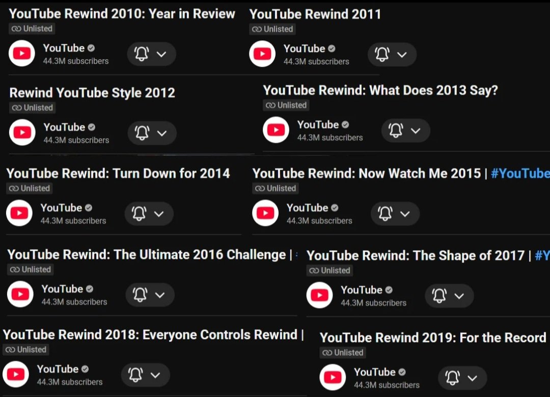 DatDaDatty's tweet image. No way Youtube just unlisted all the Rewinds 😭