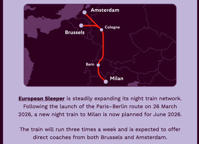 seatsixtyone's tweet photo. BREAKING:  European Sleeper to launch Brussels/Amsterdam-Bern-Brig-Milan sleeper train from June 2026 (after launching Paris-Berlin in March).
Press release: https://t.co/MERKB0xKlQ https://t.co/1Jjysucj1C