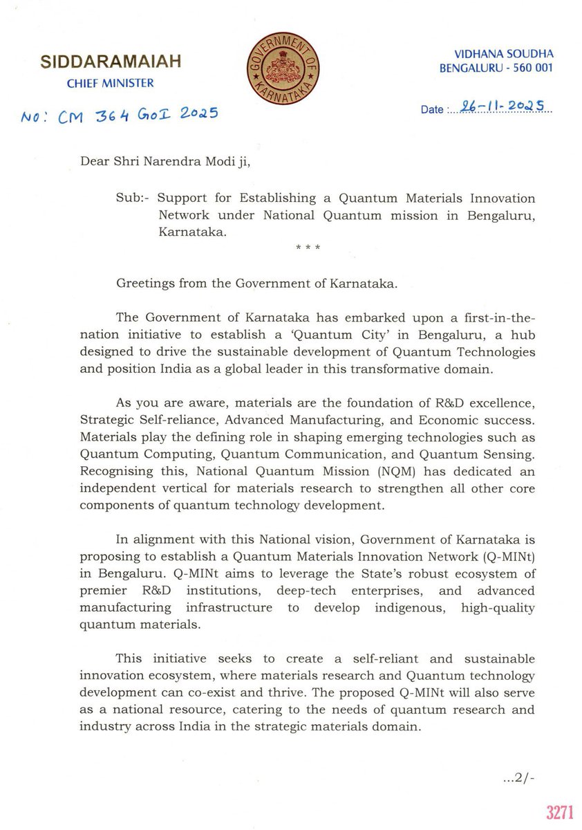 RiseBengaluru's tweet image. Karnataka is eager to embrace the Quantum future! 

CM @siddaramaiah has urged PM @narendramodi to support setting up a Quantum Materials Innovation Network (Q-MINt) in Bengaluru under the National Quantum Mission. 

Bengaluru is poised to become India’s Quantum City.

#Quantum