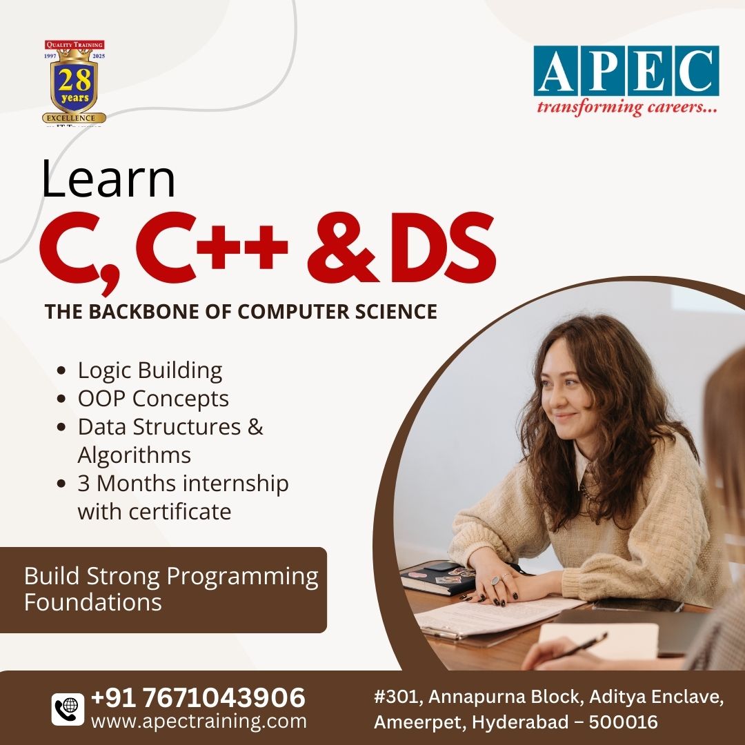apecITtraining's tweet image. 🚀 Build strong programming foundations with C, C++ &amp;amp; Data Structures!

Master logic building, OOP, DS &amp;amp; Algorithms + internship with certificate.

📅 New batches soon
Register: t.ly/soH_l

📞 7671043906
#APECTraining #LearnToCode