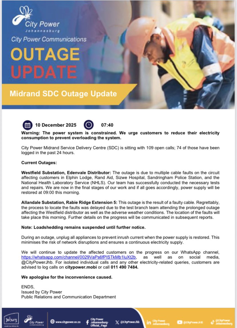 City Power Midrand Service Delivery Centre (SDC) is sitting with 109 open calls; 74 of those have been logged in the past 24 hours.

Follow our SDC WhatsApp channel whatsapp.com/channel/0029Va… ^PC