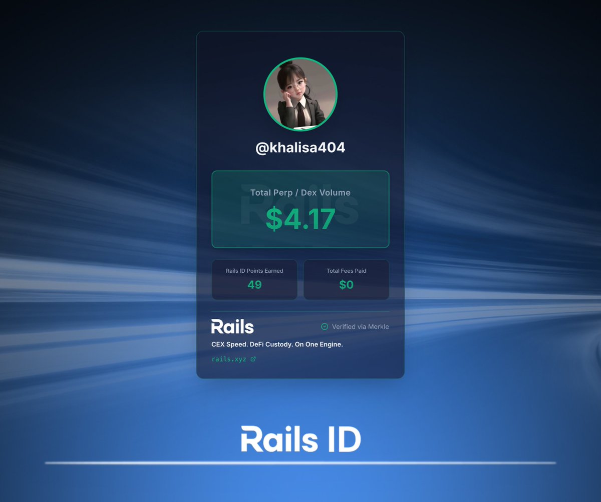 I just got my Rails ID. It pulls my DEX volume history into a single card and shows 49 Rails ID Points earned so far.

 Now it’s all about Rails Play: <a href="/rails_xyz/">Rails</a> ’s perps training ground.

Claim your Rails ID now: quest.rails.xyz/onboard?r=khal…