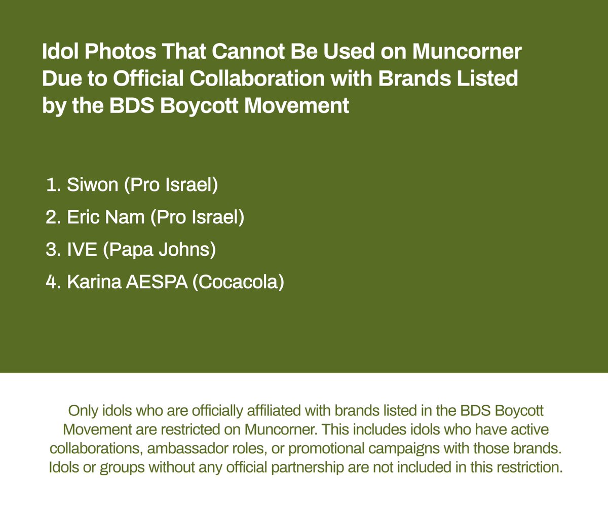 muncorner's tweet image. 📢 Updated version.

Berikut daftar pfp idol yang tidak diperbolehkan saat mengirim menfess karena terafiliasi resmi dengan brand zionist. Jika menemukan menfess dengan foto dari daftar ini, silakan tag @corner_support.
