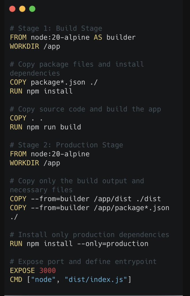 fromcodetocloud's tweet image. 🐳Multistage Docker Build Example:

▫️Stage 1: Builder Stage

- Use node:20-alpine and set working directory.
- Copy package*.json and install all dependencies.
- Copy full source code.
- Run npm run build to generate the final dist folder.

▫️Stage 2: Production Stage

- Start a…