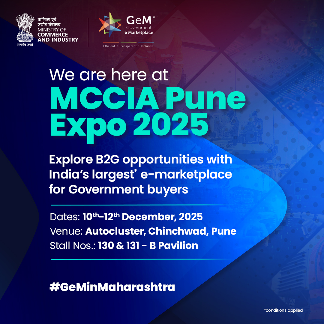 GeM_India's tweet photo. The wait is finally over!
📌 #TeamGeM is here at #MCCIAPuneExpo2025.
Are you ready to tap into Bharat’s vast public procurement landscape?
Visit our stall and unlock #B2G opportunities for your business.
🗓 𝗗𝗮𝘁𝗲: 10th – 12th December 2025
📍 𝗩𝗲𝗻𝘂𝗲: Autocluster, Chinchwad, Pune
📌 𝗦𝘁𝗮𝗹𝗹 𝗡𝗼𝘀.: 130 & 131 - B Pavilion
Hope to see you today 👋🏽
@MCCIA_Pune @PIBMumbai
#GeMIndia #GeMinMaharashtra #WednesdayWisdom