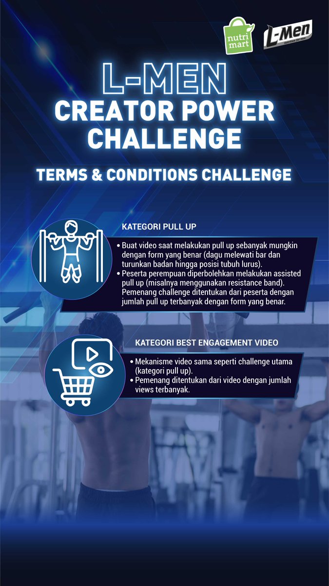 LMen's tweet image. 💥 L-MEN CREATOR POWER: PULL UP CHALLENGE 2025 💥
Mau dapetin Merchandise eksklusif L-Men GRATIS dan uang tunai? Yuk Ikutan Pull Up Challenge sekarang!   🔥

Periode berakhir hingga 31 Desember 2025
 Daftar &amp;amp; upload video di: cutt.ly/LMen-PullUpCha…‼️