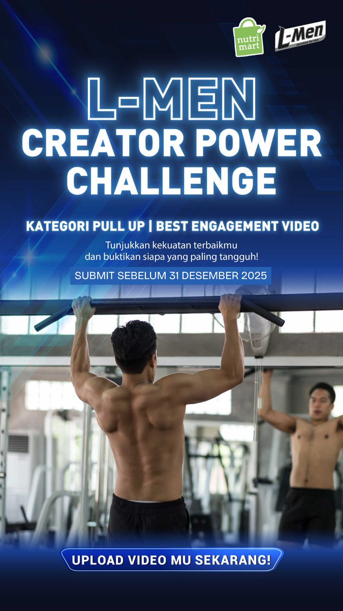 LMen's tweet image. 💥 L-MEN CREATOR POWER: PULL UP CHALLENGE 2025 💥
Mau dapetin Merchandise eksklusif L-Men GRATIS dan uang tunai? Yuk Ikutan Pull Up Challenge sekarang!   🔥

Periode berakhir hingga 31 Desember 2025
 Daftar &amp;amp; upload video di: cutt.ly/LMen-PullUpCha…‼️
