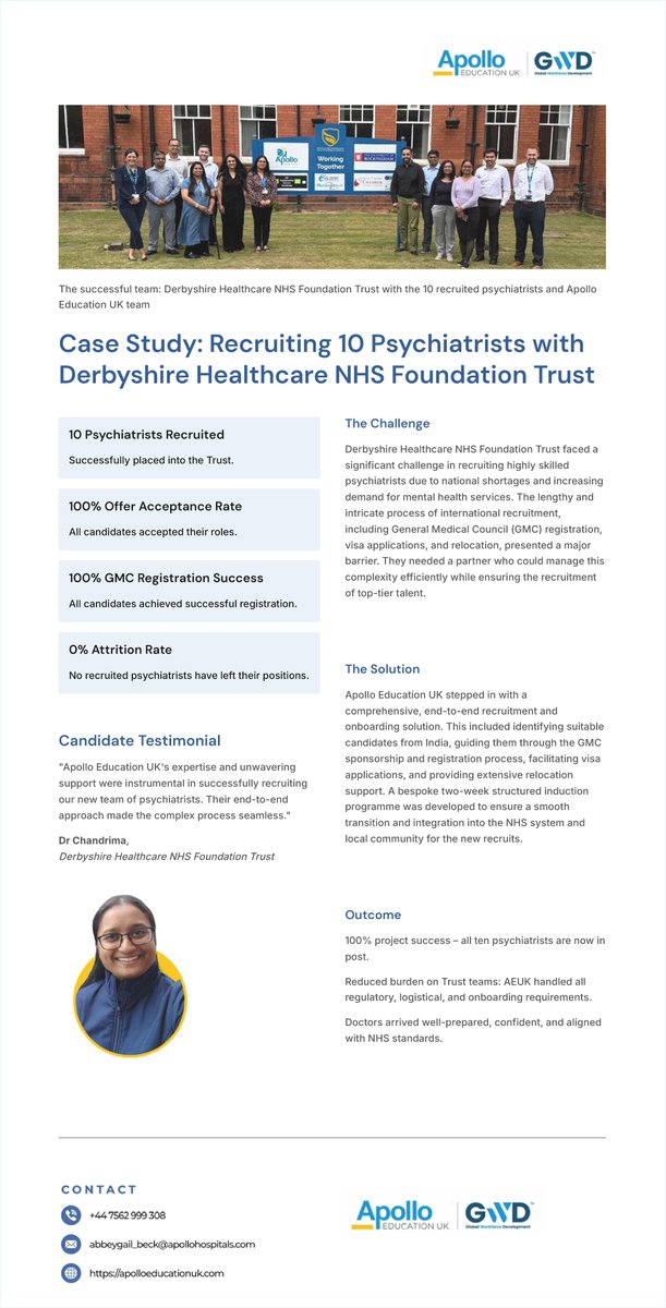 An overview of how #AEUK supported Derbyshire Healthcare #NHS Foundation Trust in closing a critical psychiatrist shortage through a fully managed international recruitment approach. To explore how AEUK can support upcoming recruitment needs, tap the link: lnkd.in/d8JF4Hpk