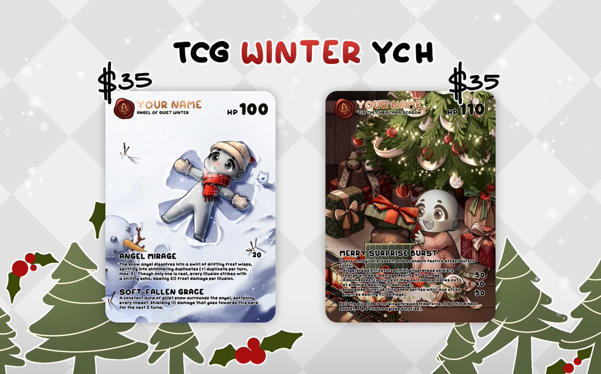 🎄❄️ TCG WINTER YCH ❄️🎄
2 Cozy Winter and Christmas TCG Cards are waiting for you to grab!! available on VGen! 

link in 🧵

♡ and rts and support of any kind are very very appreciated ❤️

[All Seasonal YCH will become available in 2026]

#VGenOpen #VGen #commissionsopen