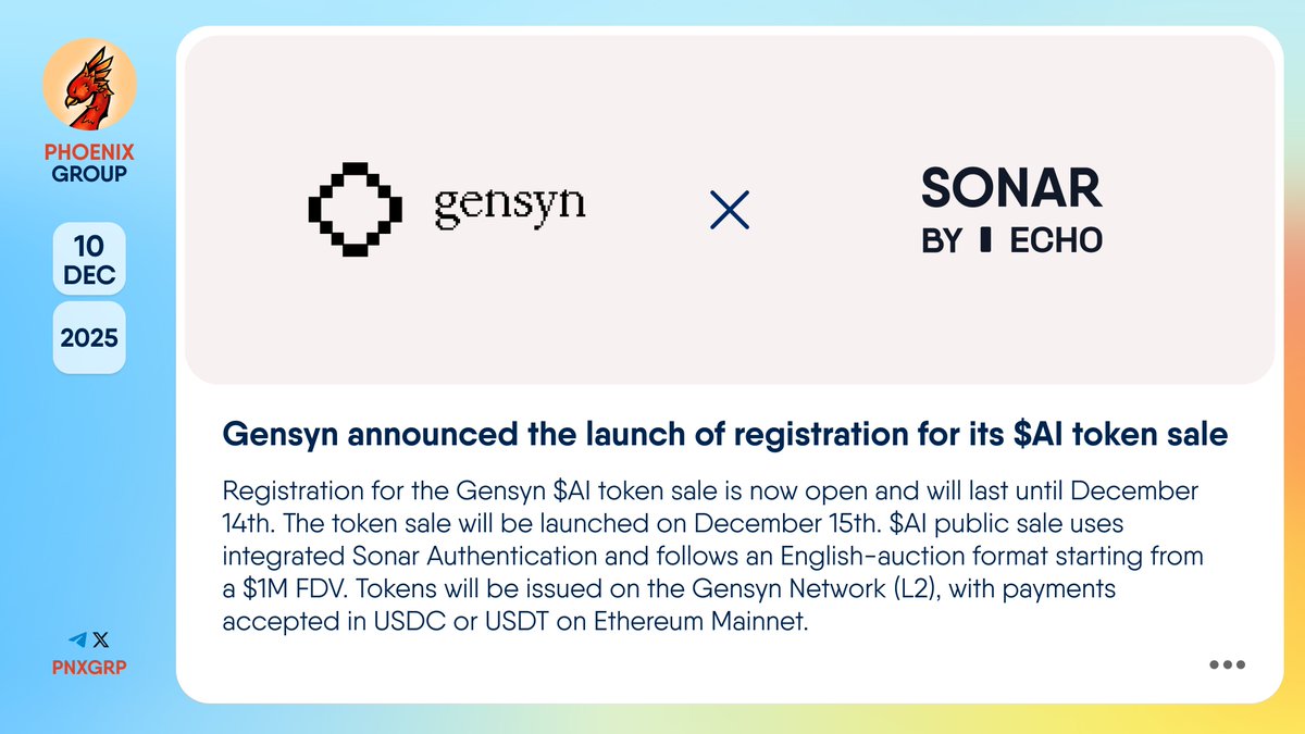 🔥 @Gensynai announced the launch of registration for its $AI token sale  Registration for the #Gensyn $AI token sale is now open and will last until  December 14th. The token sale will