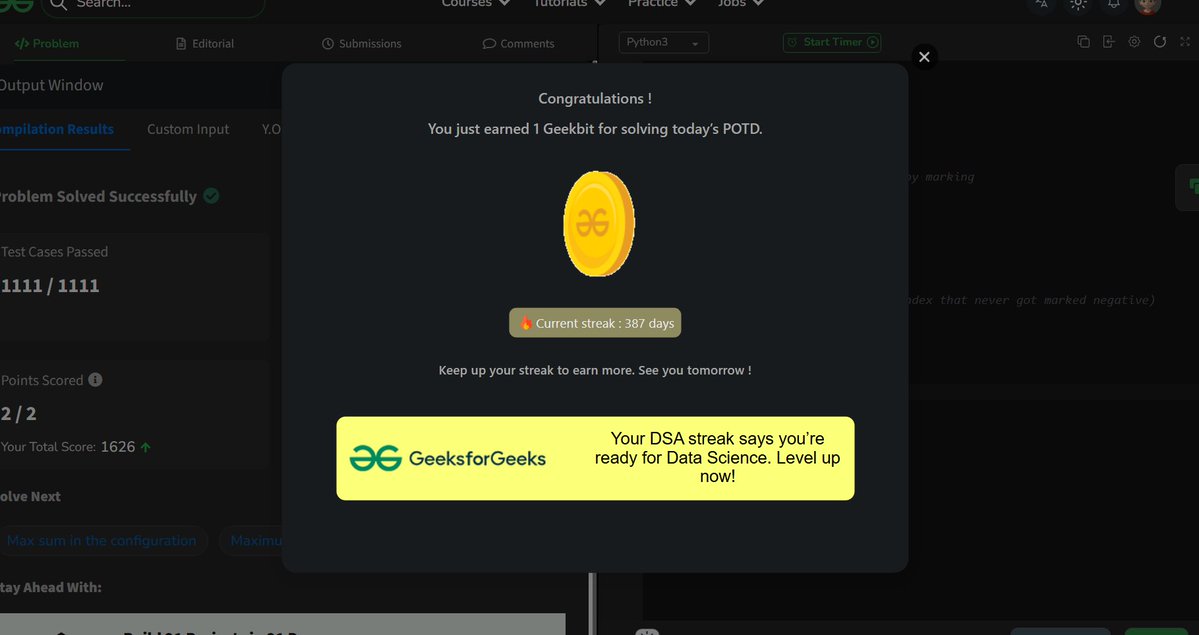 akashasahu07's tweet image. Day - 387
Missing And Repeating Problem
💡 Learning never stops. Today’s GeeksforGeeks POTD done — building skill, not just streaks. #geekstreak2025 #GFGPOTD #KeepCoding