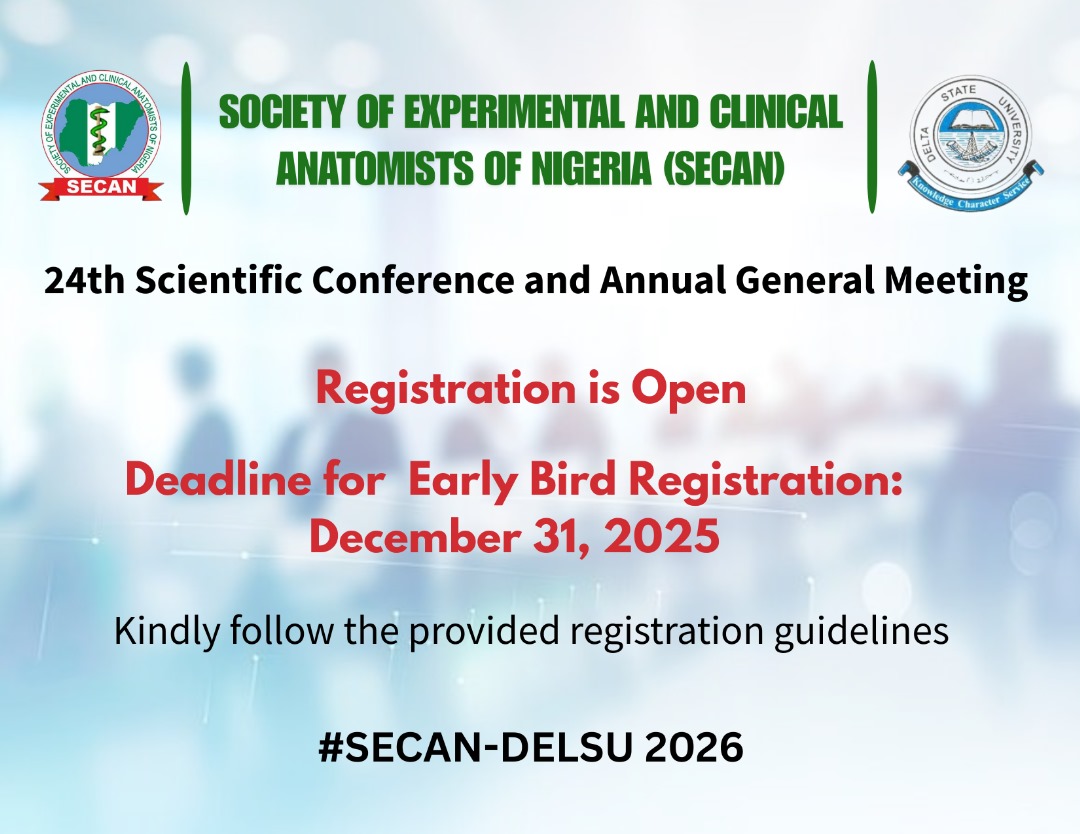 SECAN_NG's tweet photo. Got exciting research findings to share, or do you want to exchange scientific ideas with like minds ?

Register for our annual scientific conference and general meeting  taking place from March 24-27, 2026 at DELSU

To register,  visit
 https://t.co/P8XlfIh5ip
#SECANDELSU26 https://t.co/CEiYlaAxPt