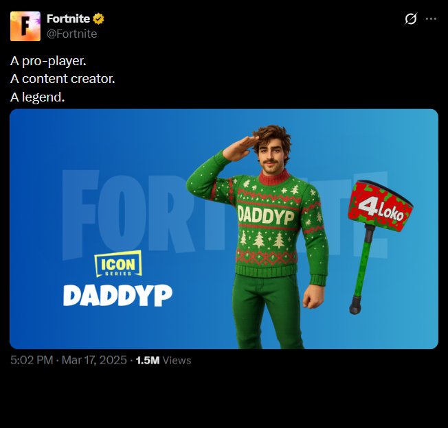 DaddyP_Updates's tweet image. Daddyp's fortnite icon CONFIRMED!
code #daddyp 
@DaddyPTwitch