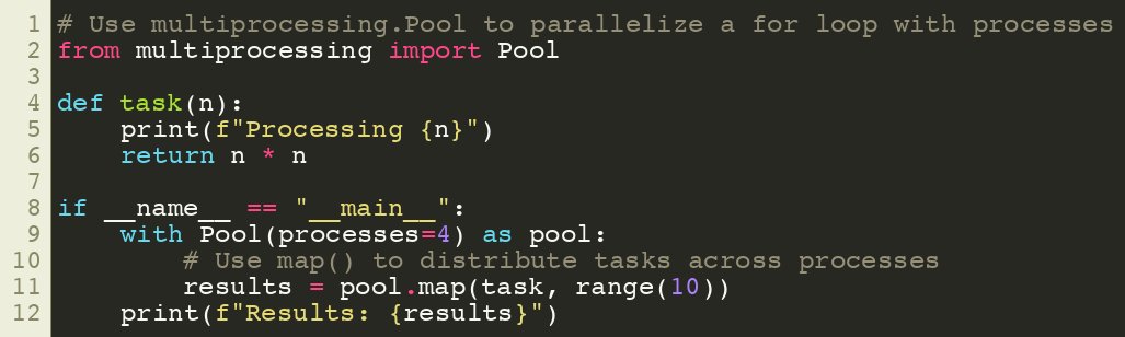 SuperFastPython's tweet image. Use multiprocessing.Pool to parallelize a for loop with processes
#Python #Concurrency