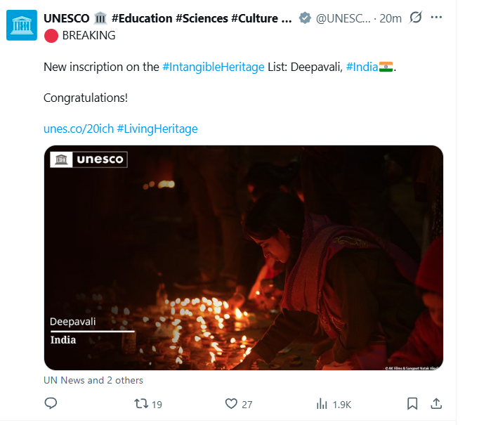 ANI's tweet photo. India's festival of lights, Deepawali, inscribed on UNESCO's Intangible Heritage list https://t.co/PgnHoYdo2e